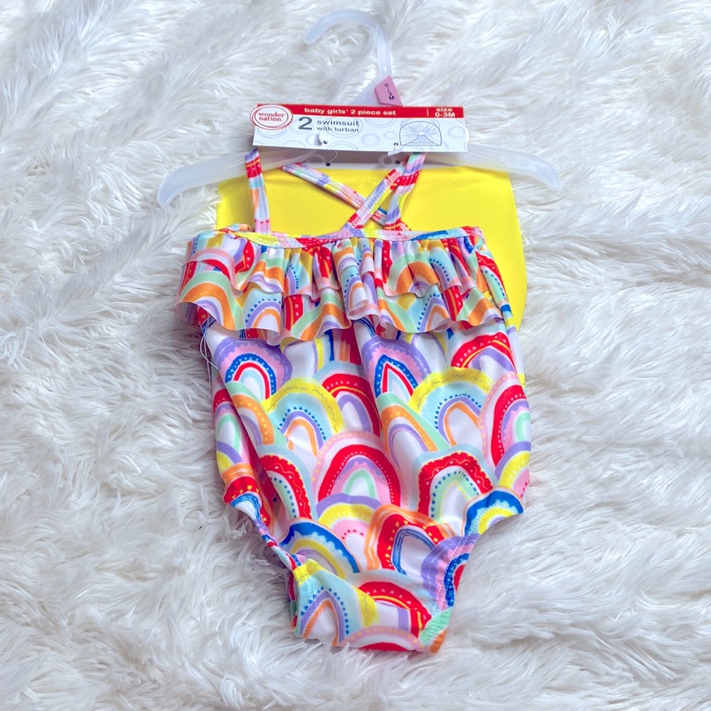 Wonder Nation Neon Rainbow One Piece Baby Bathing Suit Hat Set Size 3 Months